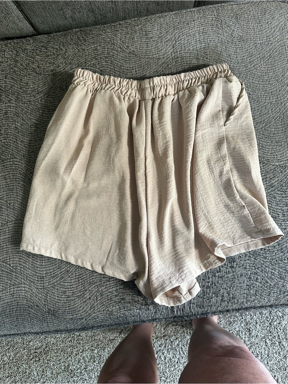 High-Waist Beige Elastic-Waist Women's Shorts
